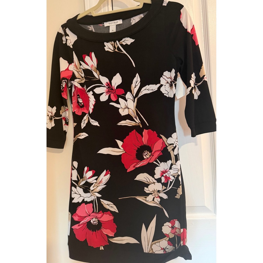 White House Black Market Floral Sheath Dress Black Red 3/4 Sleeve XS